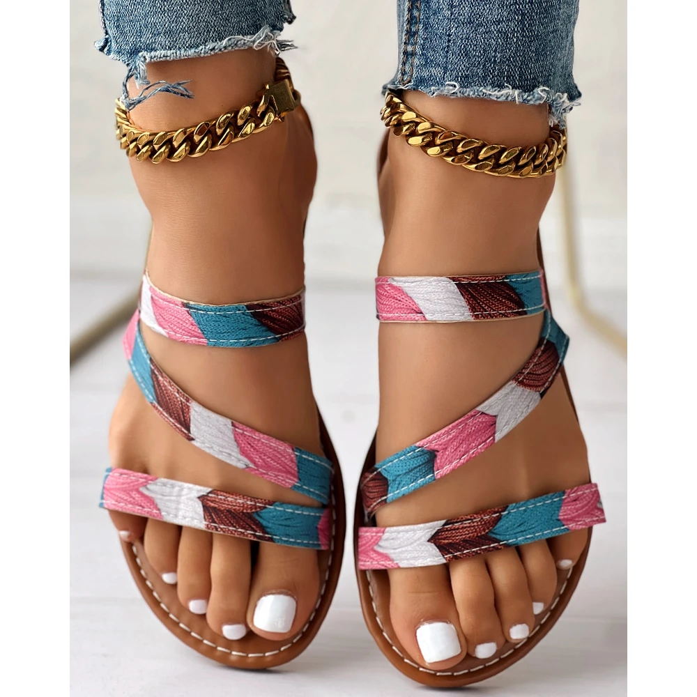 2024 Fashion Women Colorblock Strap Peep Toe Flat Sandals Lady Summer Casual Slingback Going Out Flats Party Shoes Sandals