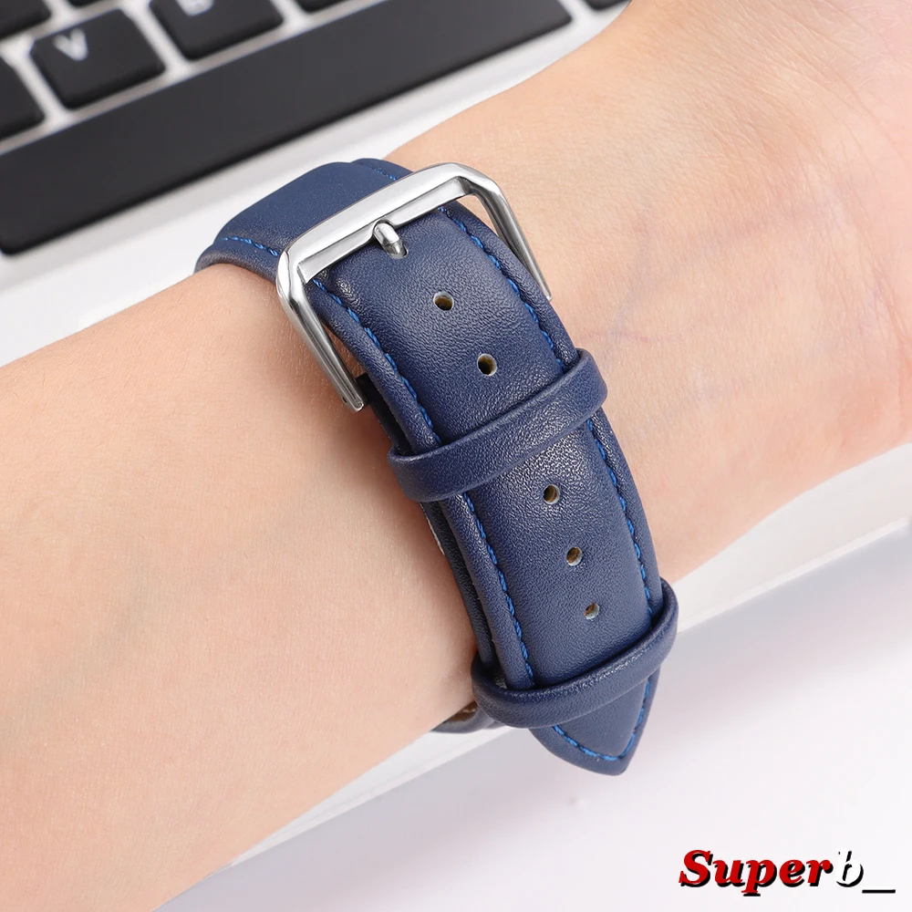 Premium Calfskin Leather Watch Strap – Soft Brown and Blue Wristband with Silver Stainless Steel Buckle