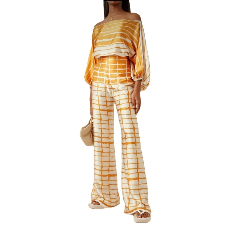 Off Shoulder Tops with Long Pants 2023 Spring Commuting Suit Loose Print Outfits 10CE