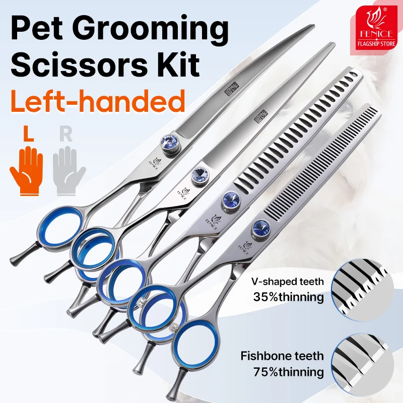 Fenice Professional 7.0/7.5/8 Inch JP440C Steel Left Hand Shears Blue Diamond Double Tail Nail Scissors Set for Pet Dog Grooming dog grooming scissors