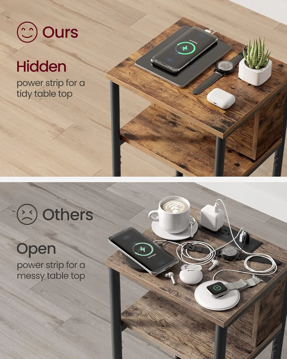 Side Table with Charging Station, 3-Tier End Table with USB Ports and Outlets, Nightstand for Living Room, Bedroom 5