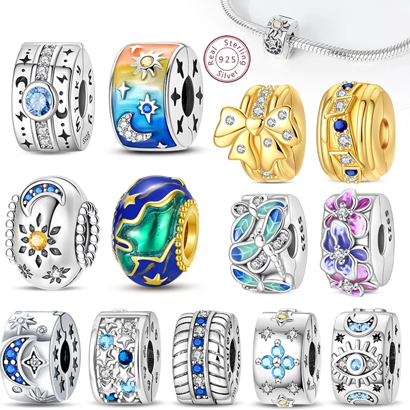 Echtes S925 Silber Bunte Stopper Clip Stern Bowknot Perlen Frühling Fit Pan Original Armband Edlen Schmuck Geschenk Frauen Diy