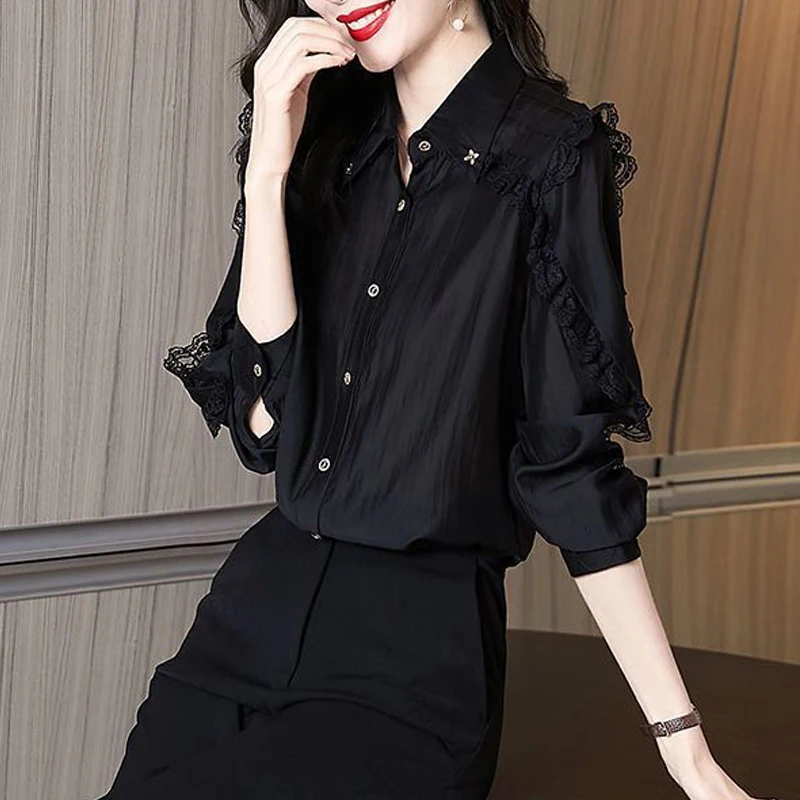 Women's Clothing Lace Patchwork Elegant Button Up Shirt Korean Fashion Black Long Sleeve Loose Blouse Casual Office Lady Blusas