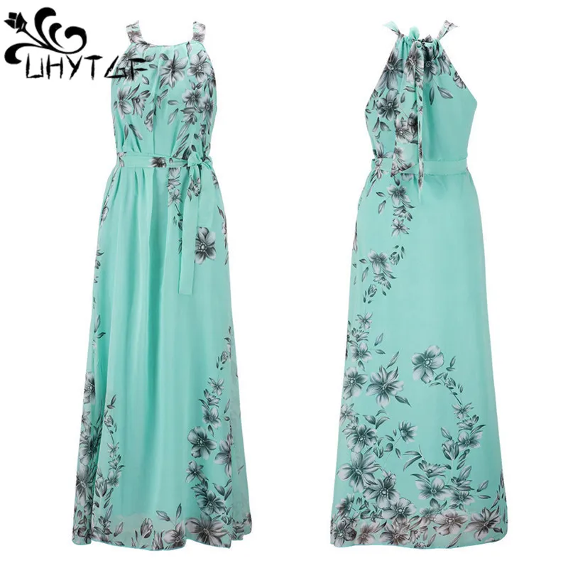 

UHYTGF Summer Dress Womens Print Soft Chiffon Suspenders Sexy Dress Female Sleeveless Beach Long Dresses Ladies Clothes 6XL 2300