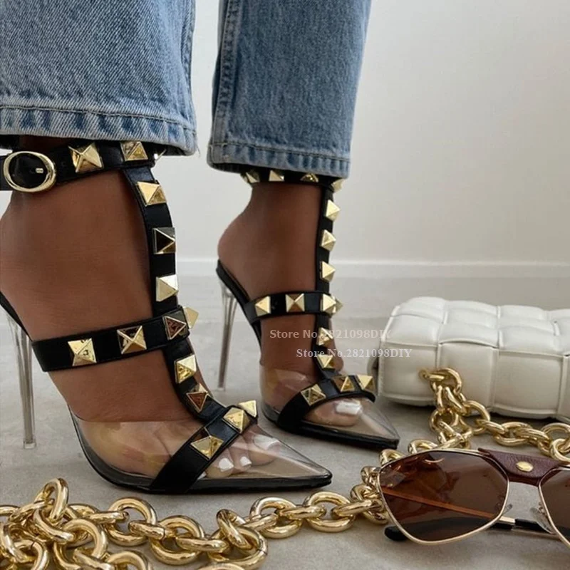 

Transpetent Pvc with Rivet Thin High Heels Women Buckle Strap Stiletto Heeled Sandals Summer Shoes Stud Party Shoes