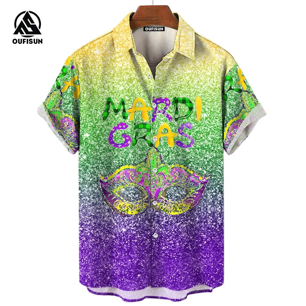 

Мужские рубашки, модная новинка, летние мужские топы с коротким рукавом и принтом Марди Гра, 2024, Гавайская Повседневная Уличная футболка большого размера, одежда
