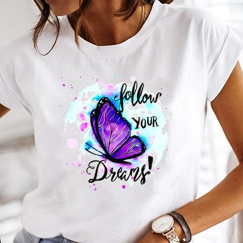 

Butterfly T-shirt Watercolor Butterfly Top Tide Round Neck Large Size Retro Short-sleeved T-shirt Women's Fashio Clothing