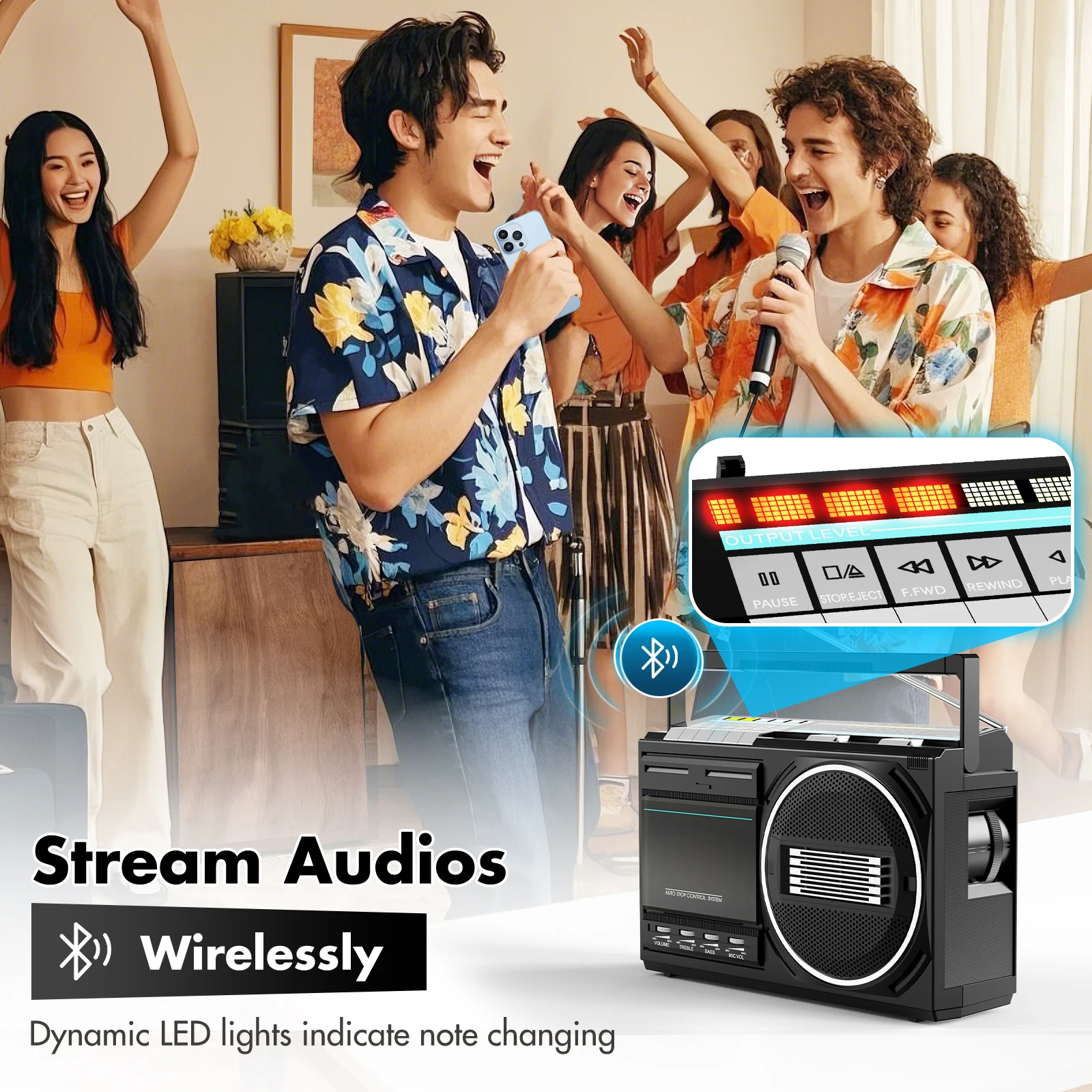 Retro cassette boombox bluetooth and USB FM AM SW radios converts tapes to MP3 with earphone and microphone jacks AC DC power