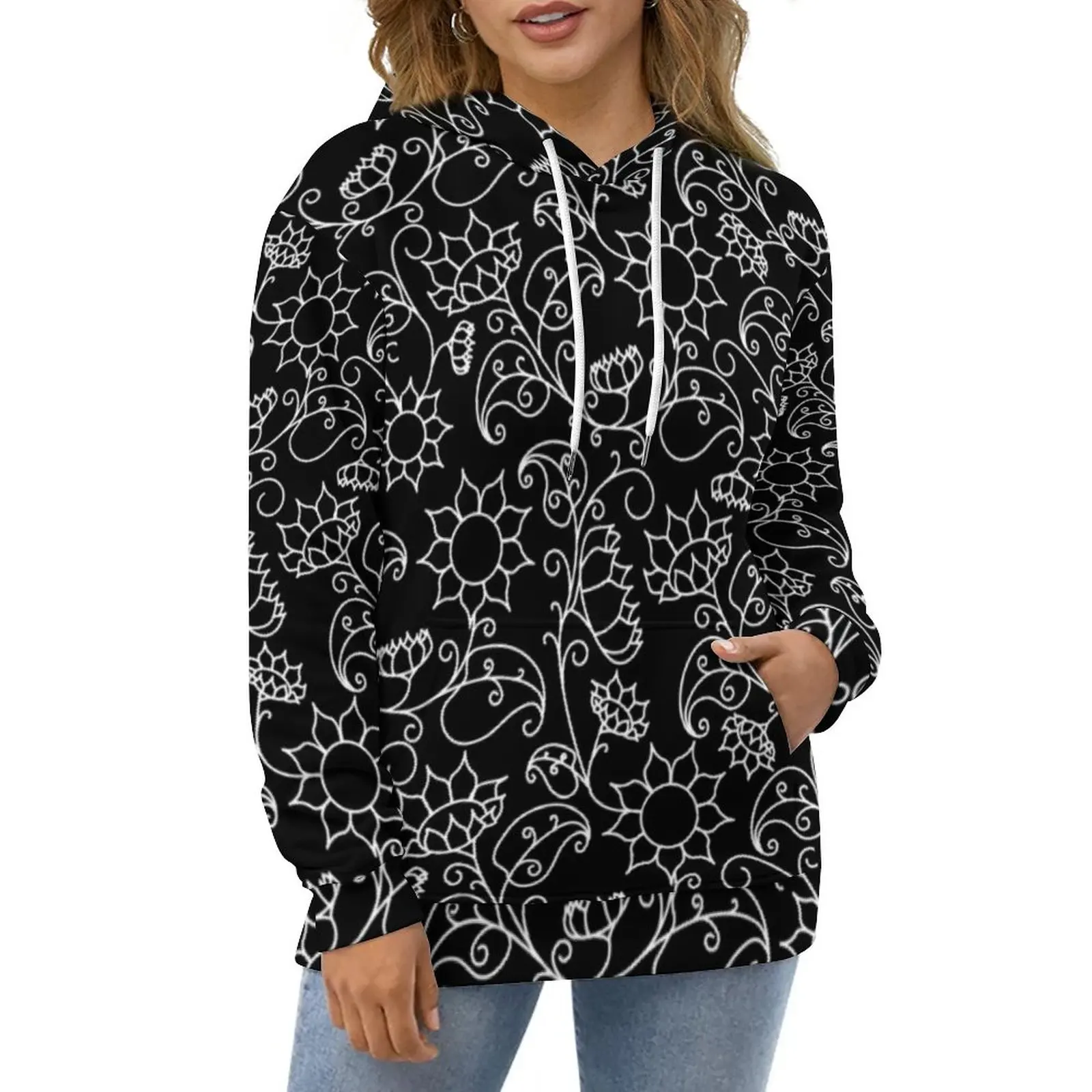 

Lines Art Print Hoodies Long Sleeve Sunflower Floral Retro Casual Pullover Hoodie Streetwear Oversized Loose Hooded Sweatshirts