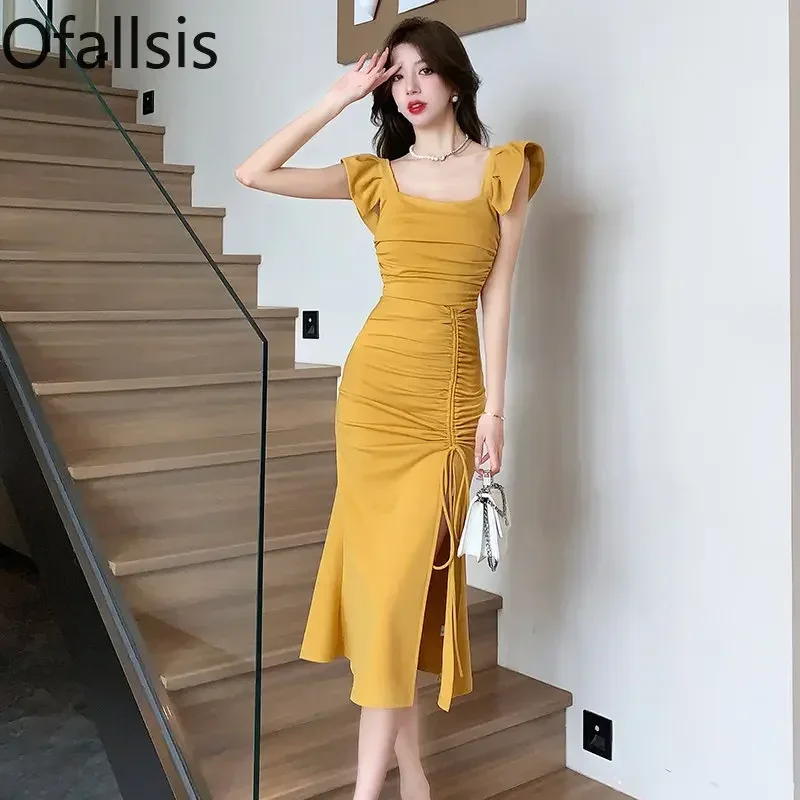 

Ofallsis French Style Flying Sleeve Square Collar Dress 2023 Summer New Temperament Medium Length Pleated Slit Slim Lady Dresses