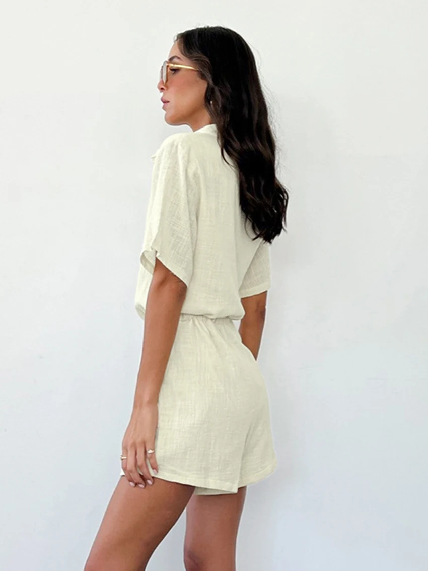 Marthaqiqi Casual Ladies Sleepwear Short Sleeve Nightgowns Sexy Turn-Down Collar Nightwear Summer Solid Cotton Women'S Jumpsuit