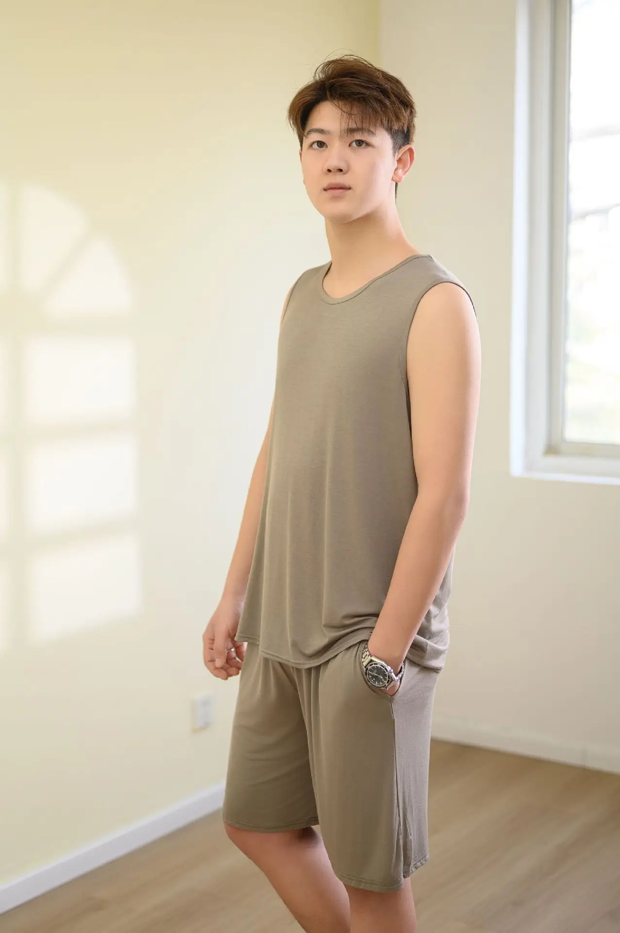 Erwachsene männer Pyjamas Set Plus Größe Nachtwäsche Ärmelloses Top Hose Anzug Modal Komfort Hause Tragen Mann Nachtwäsche Pijama Männlich L-6XL – Detail 3