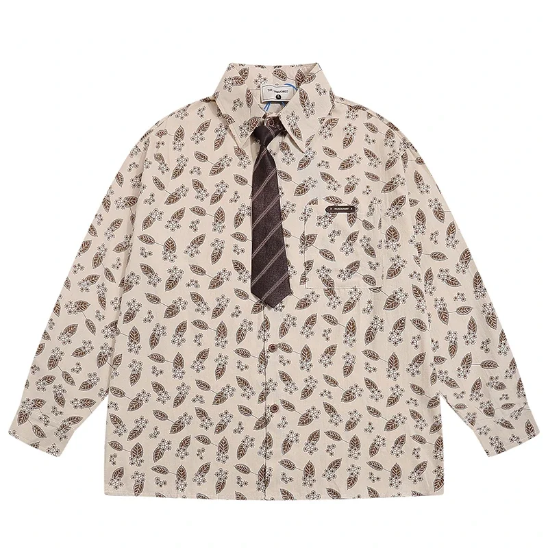 

Spring Mens Oversized Long Sleeve Shirts Hip Hop With Tie Leaf Button Blouse Harajuku Streetwear Casual Fashion Shirt Jackets