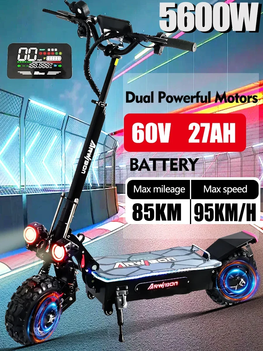 5600w Dual Motor 60v 27AH Electric Scooter Max Speed 85km/h Lcd Display Hydraulic Brake 11 Inch Tyres Foldable Escooter