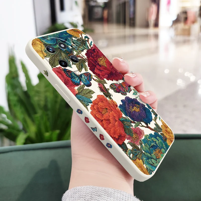 Elegant Embroidery Flower Liquid Silicone Phone Case