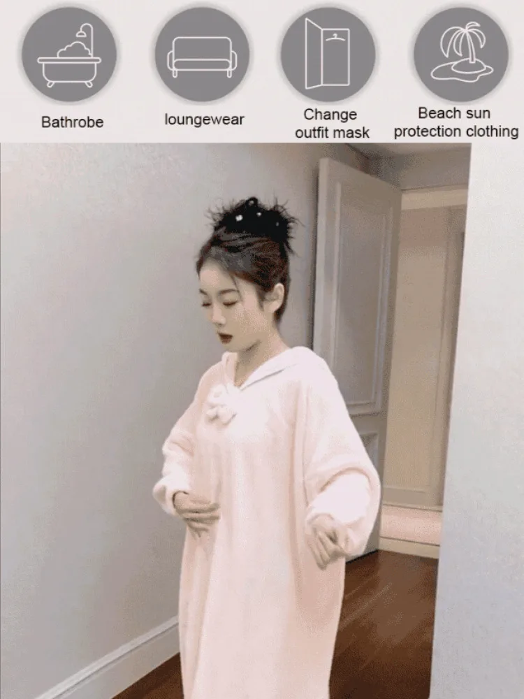 Long home bath skirt female wearable absorbent thickened household bath towel hooded coral velvet long-sleeved home Bath skirt
