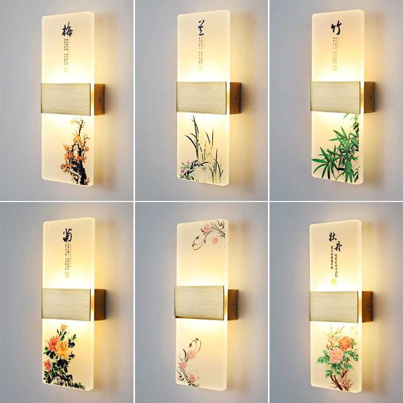 중국 스타일 인쇄 아크릴 알루미늄 LED 실내 벽 램프, 호텔 복도, 침실, 발코니, 침대 옆 램프, 6w, 10w, 신제품