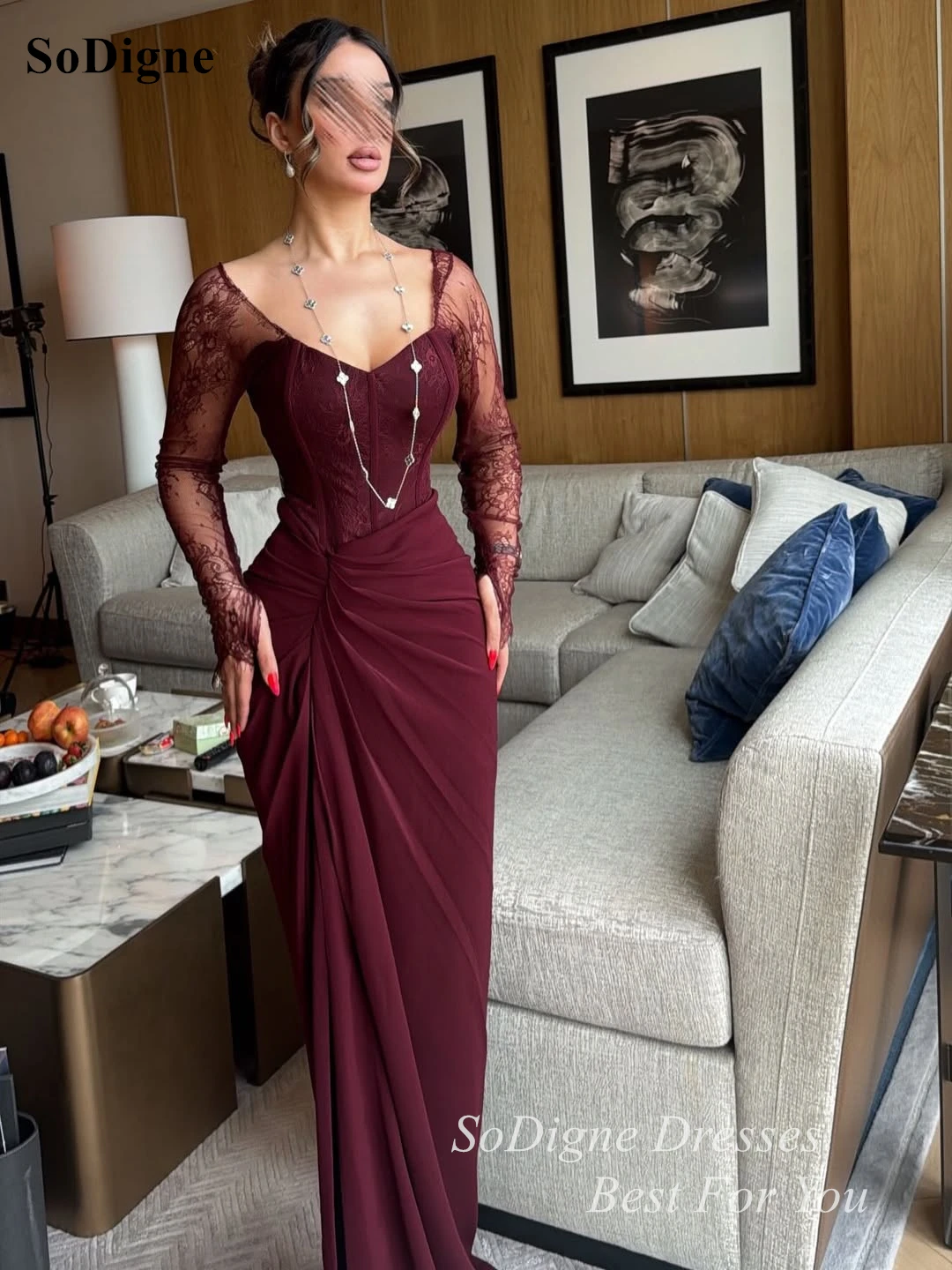 SoDigne Sexy Lace Patchwork Chiffon Evening Dresses Full Sleeves Sheath Prom Dress Pleated High Slit Party Gowns 2026 Customized 5