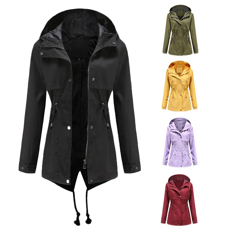

S-3XL Women's Outdoor Rainproof Hooded Jackets Zipper Long Sleeve Casual Coats Mid-length Windbreaker Female Top Outwear