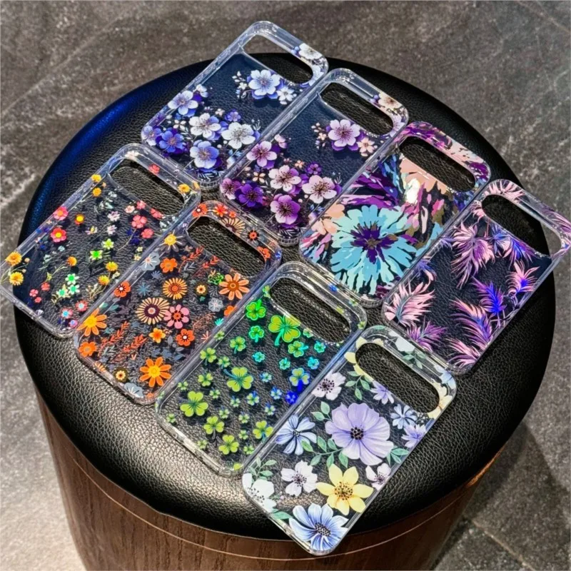 Laser Flower Reflective Shockproof Phone Case with Transparent Floral Print