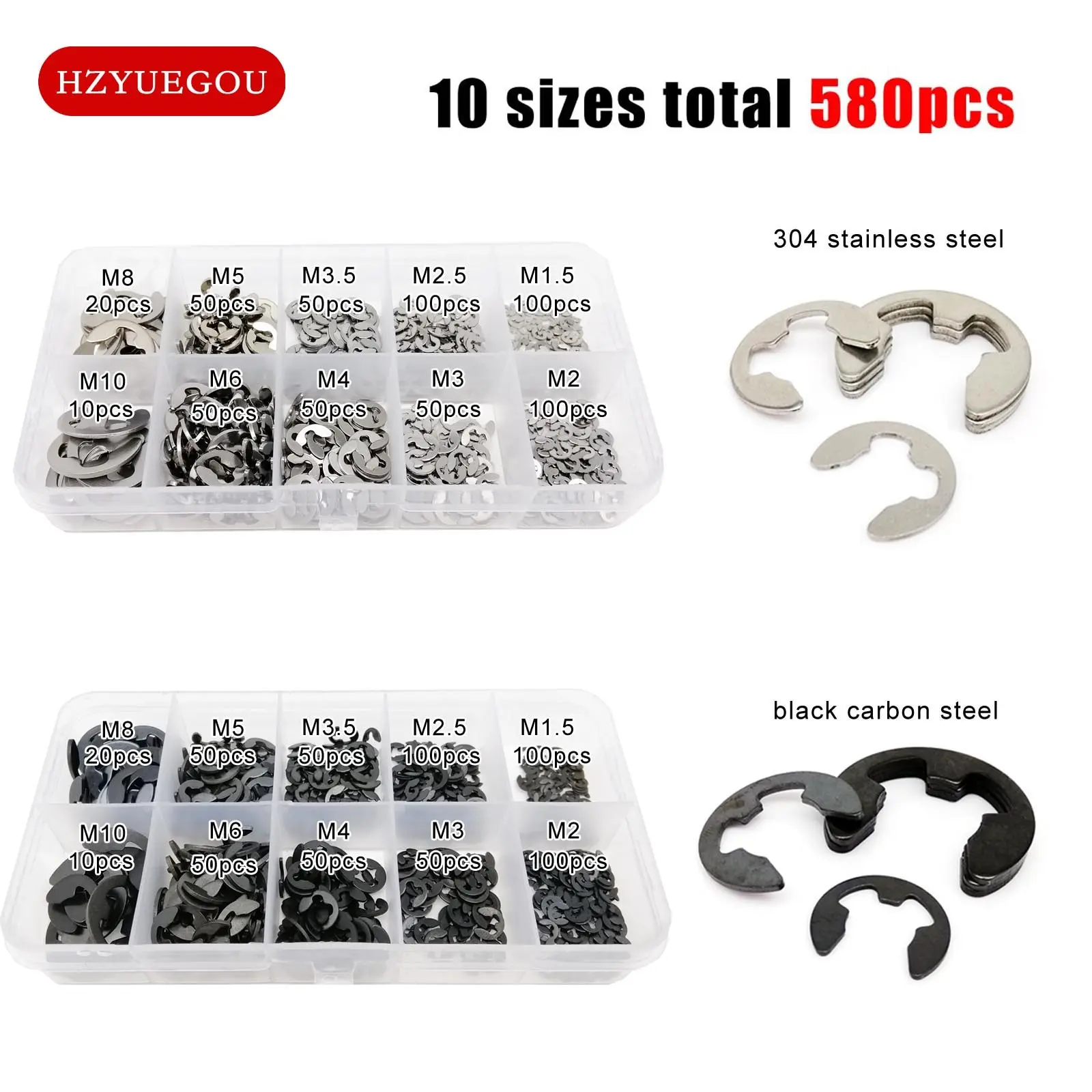 External Retaining Ring Stainless Steel Washer 580pcs/box Assortment Kit Set E Circlip Shaft External Retaining Ring Clip Washer 10 Size Stainless Steel Carbon Steel