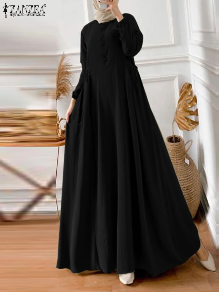  - ZANZEA Fashion Eid Mubarek Ramadan Turkey Dress Women Long Sleeve Solid Muslim Maxi Sundress Robe Femme Islamic Abaya Vestido