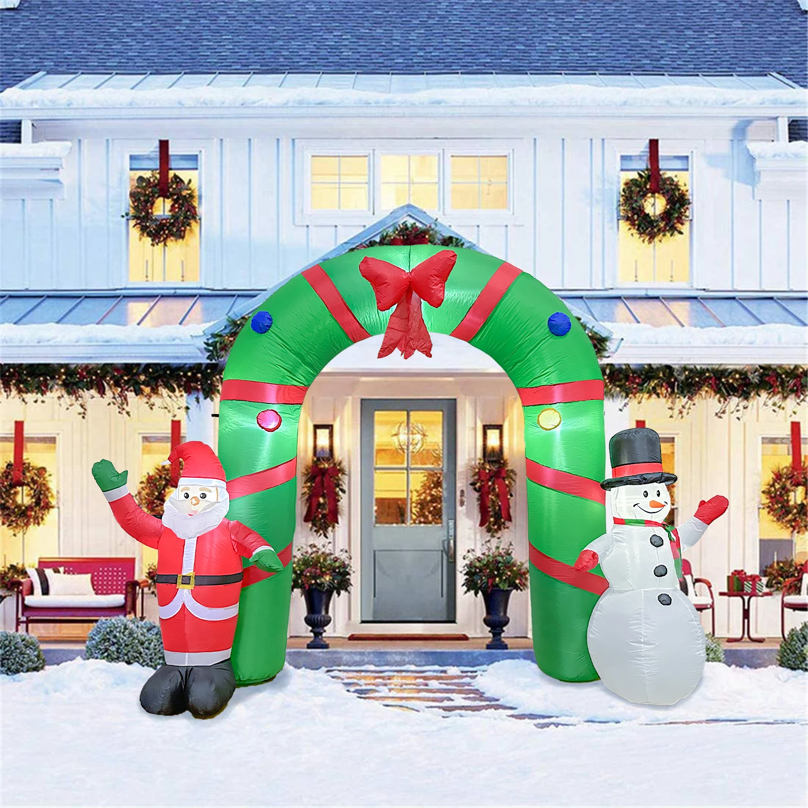 

OurWarm 8FT Christmas Santa Claus and Snowman Arch Blow Up Patio Decoration Xmas Inflatable Arch with Built-in LED Lights