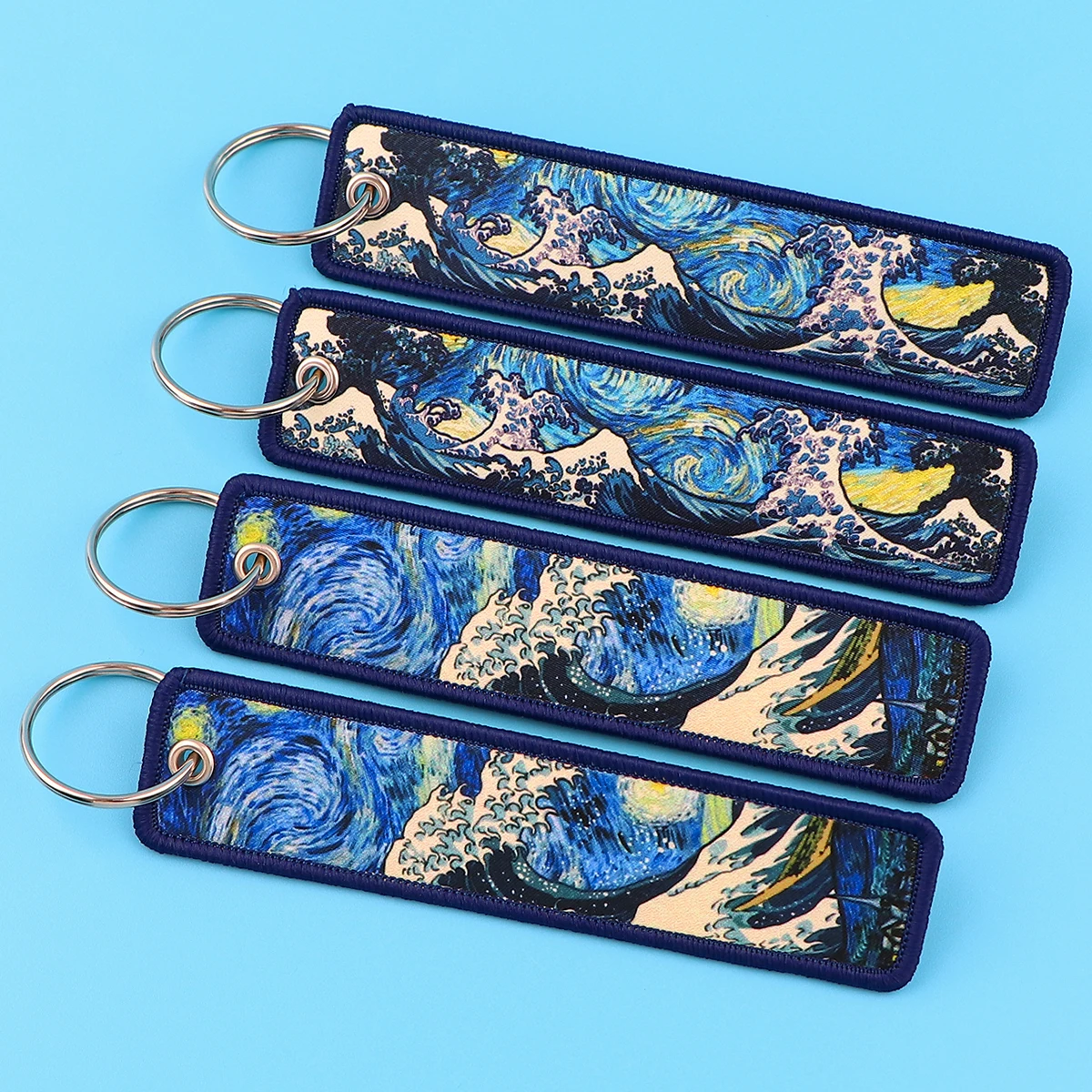 Van Gogh Embroidery Key Fobs Japanese Waves Key Tags Keychain For Motorcycles Cars Ring Accessories Jewelry Chaveiro Gifts