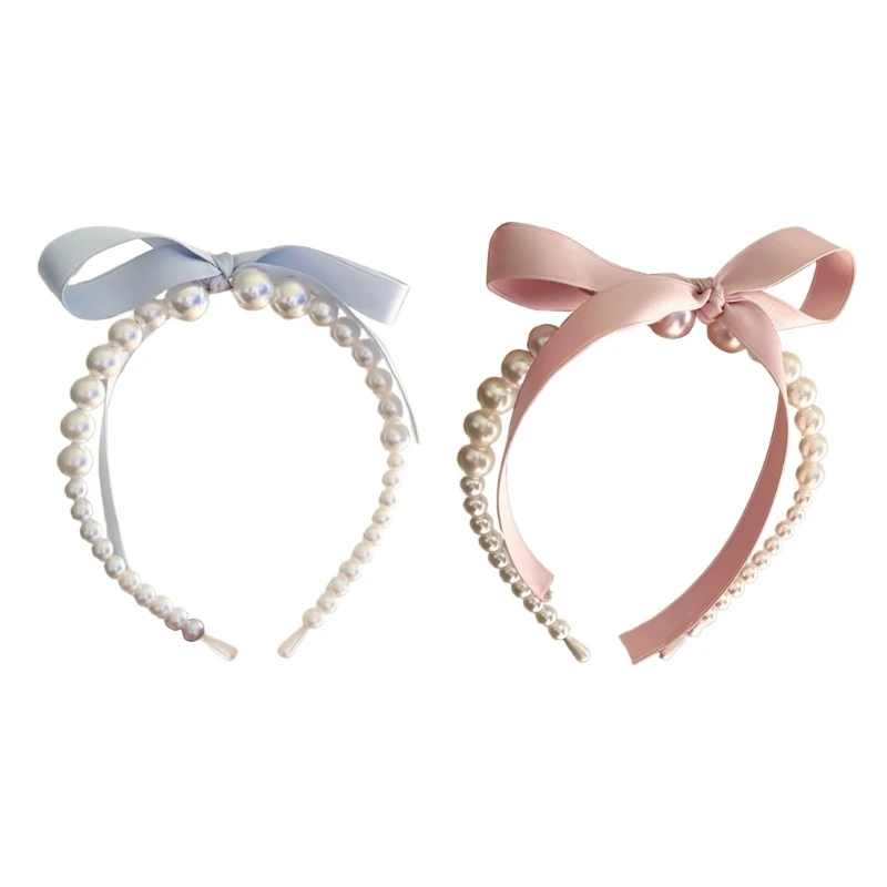 

Woman Ribbon Bowknot Headband Delicate Pearls Headband for Female Taking Photo drop shipping