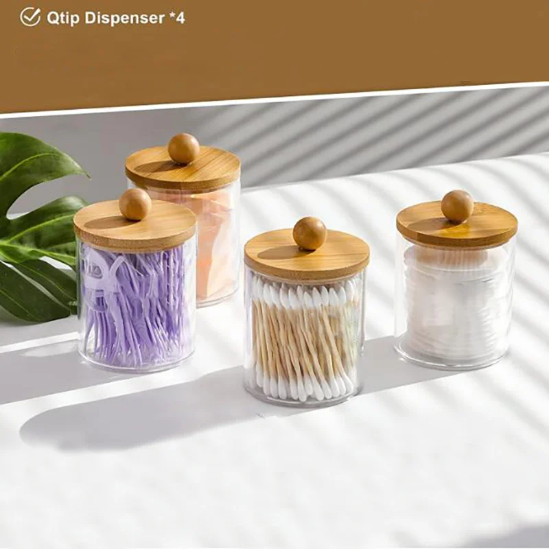 Qtip Holder Dispenser with Bamboo Lid 10 oz Clear Plastic Apothecary Jar Containers for Vanity Makeup Organizer Storage Bathroom 2