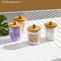 Qtip Holder Dispenser with Bamboo Lid 10 oz Clear Plastic Apothecary Jar Containers for Vanity Makeup Organizer Storage Bathroom 2