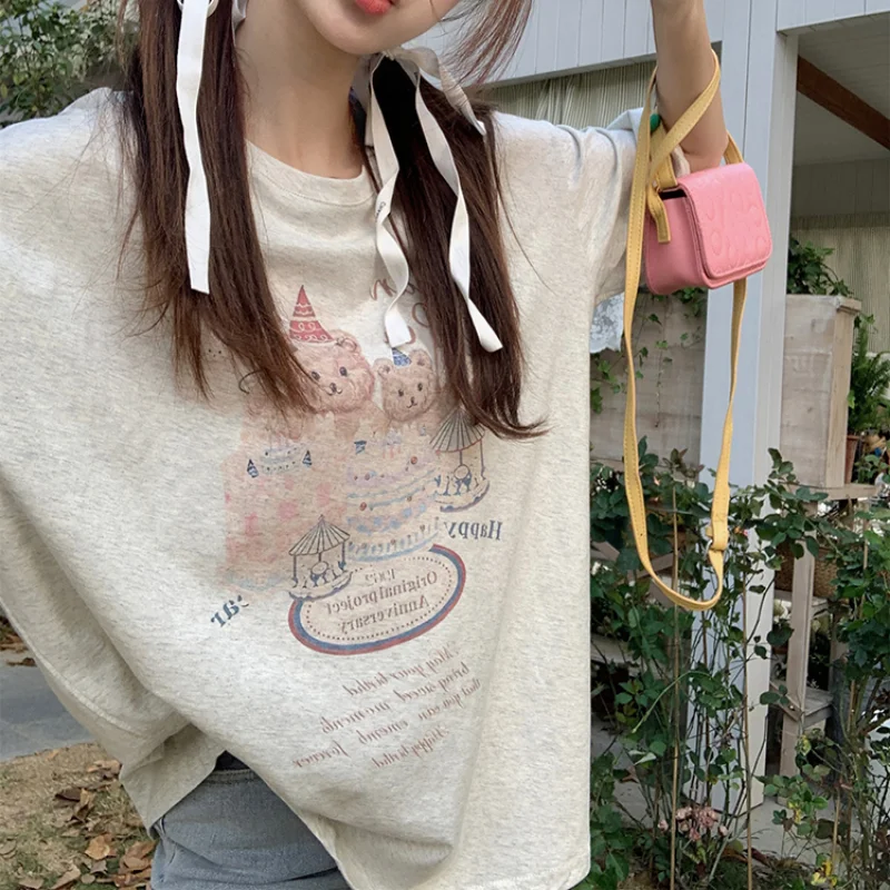 

Korean Style Chic Loose Cartoon Printing Tshirt Women Casual Y2K O Neck Tees Streetwear Bear Graphic Fashion Harajuku Tops