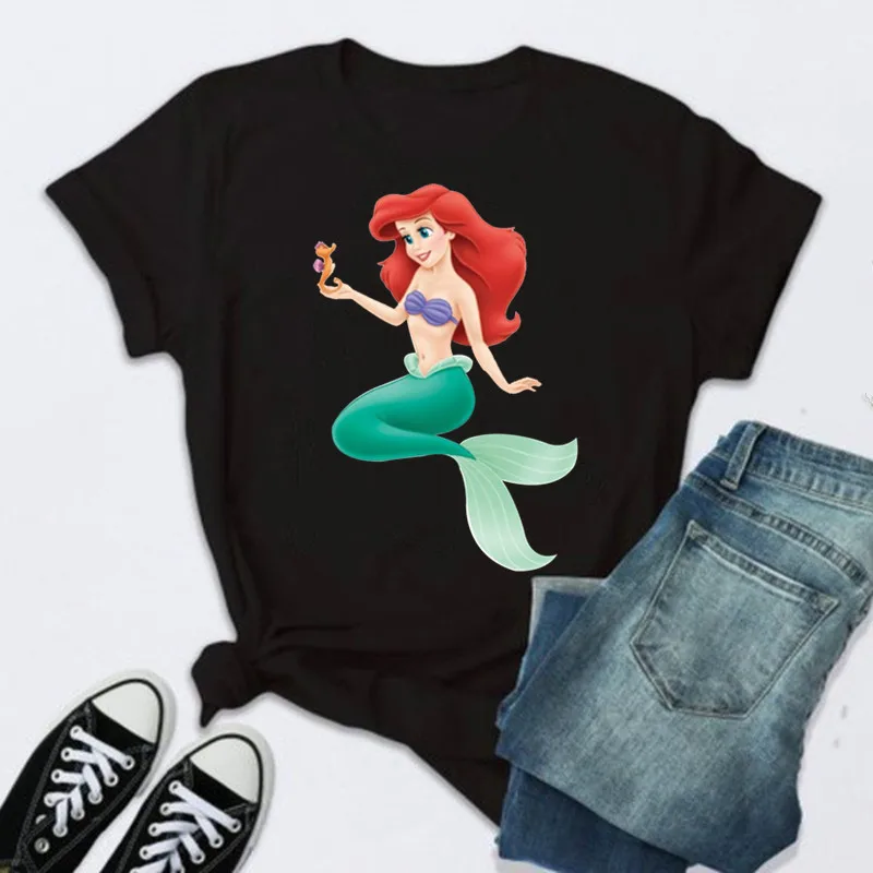 

Женская футболка с рисунком маленькой Русалочки Ариэль, черная Повседневная летняя футболка с графическим принтом