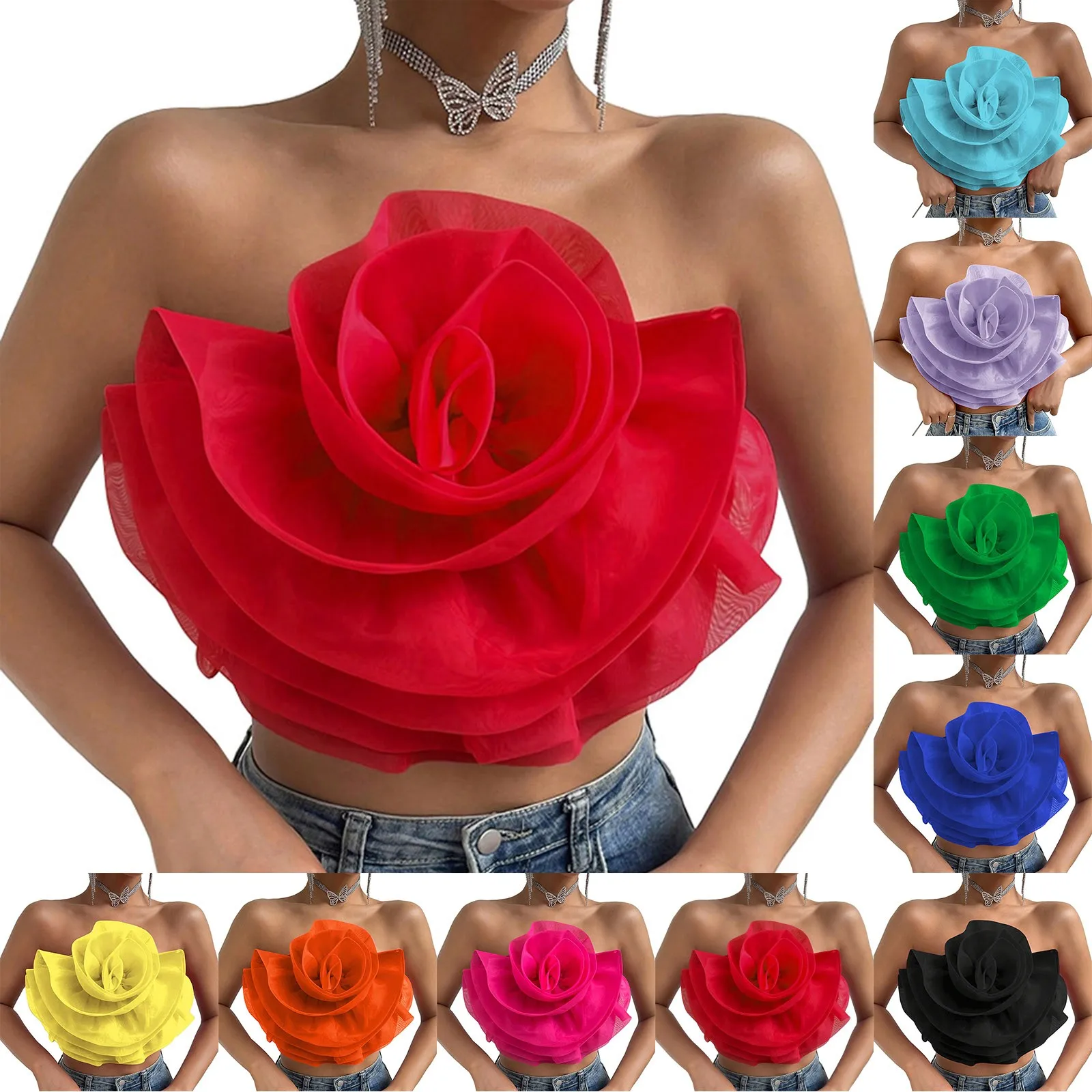 ★2025SS新作★GROVE★GRVB_FLOWER SLEEVELESS Women's Flower Front Crop Tube Top Sleeveless Strapless