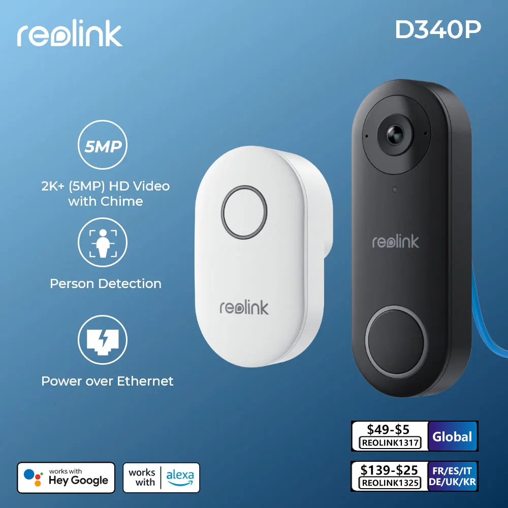 Campanello Video Reolink Poe Smart 2K + Videocitofono Poe Cablato Con Campanello Rilevamento Umano Audio Bidirezionale Funziona Con Alexa Google