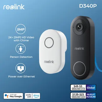 Reolink 비디오 초인종 PoE 스마트 2K + 유선 PoE 비디오 인터콤, 차임 인간 감지, 양방향 오디오, 알렉사 구글과 함께 작동