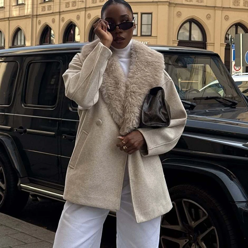 Women Woolen Jacket 2025 Autumn Winter Fur Collar Long Sleeve Women's Coat Belt Loose Female Casual Outerwear Retro Lady Tops