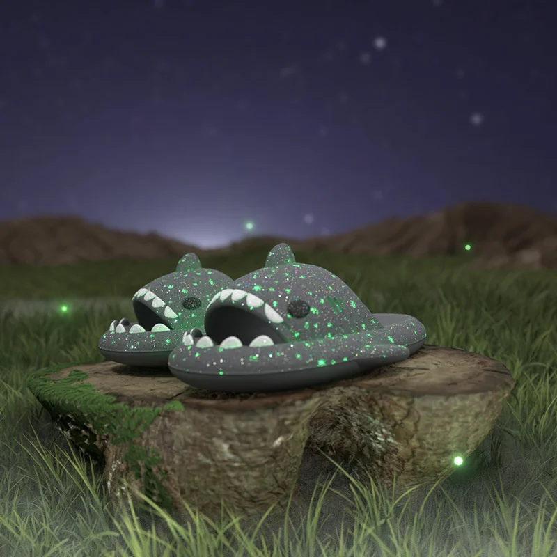 Shevalues Starry Shark Slippers Women Summer New Night Light Thick Platform Shark Slides Men Outdoor Women Beach Flip Flops 2023