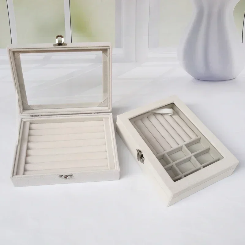 Velvet Jewelry Display Box with Glass Lid 20*15*5cm Flocking Jewelry Organizer for Ring/Earring/Bracelet/Necklace Storage Case 5