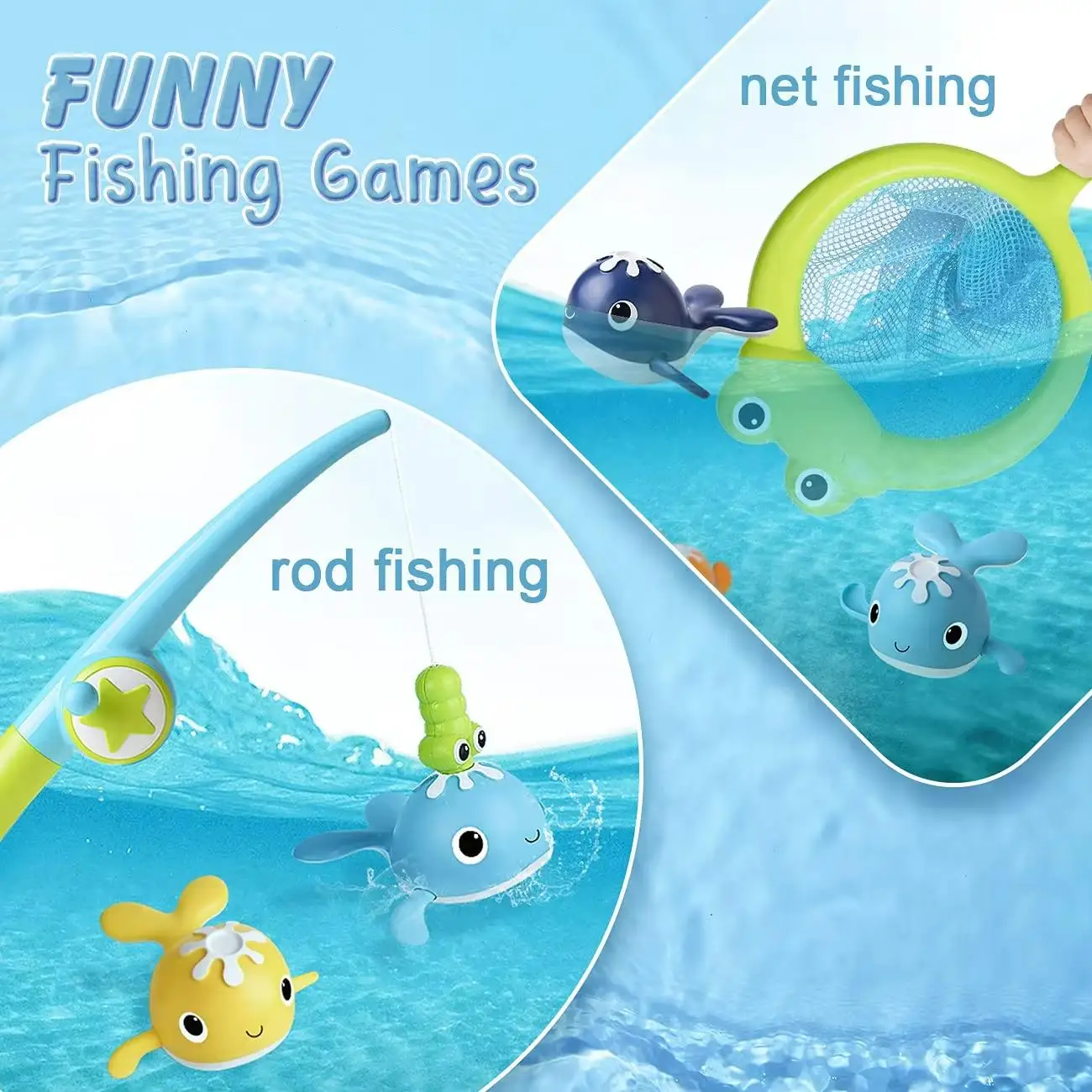 Magnet Fishing Toys Wind-up Swimming Whales Fishing Game Toy Water Tub Toys Set with Fishing Pole Net for Kids