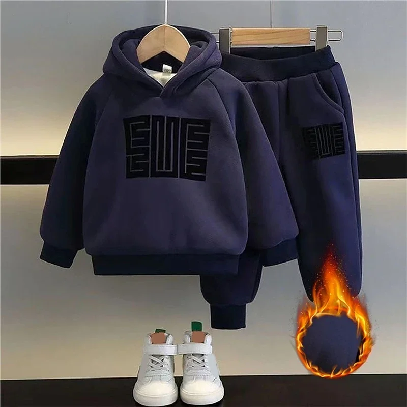 Bambini Inverno Plus Veet Caldo Pullover Tops+Pantaloni 2 pezzi Set Ragazzi Ragazze Felpe di cotone Sport Casual Vestiti Tuta_voghion.com