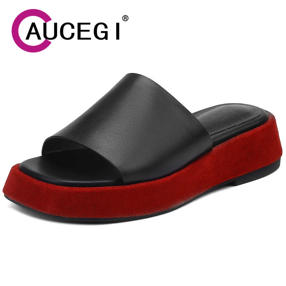 

Aucegi 2023 Hot Sale Summer Round Toe Sandals Comfy Flat Heel Platform Mixed Color Genuine Leather Casual Slippers Ladies Shoes