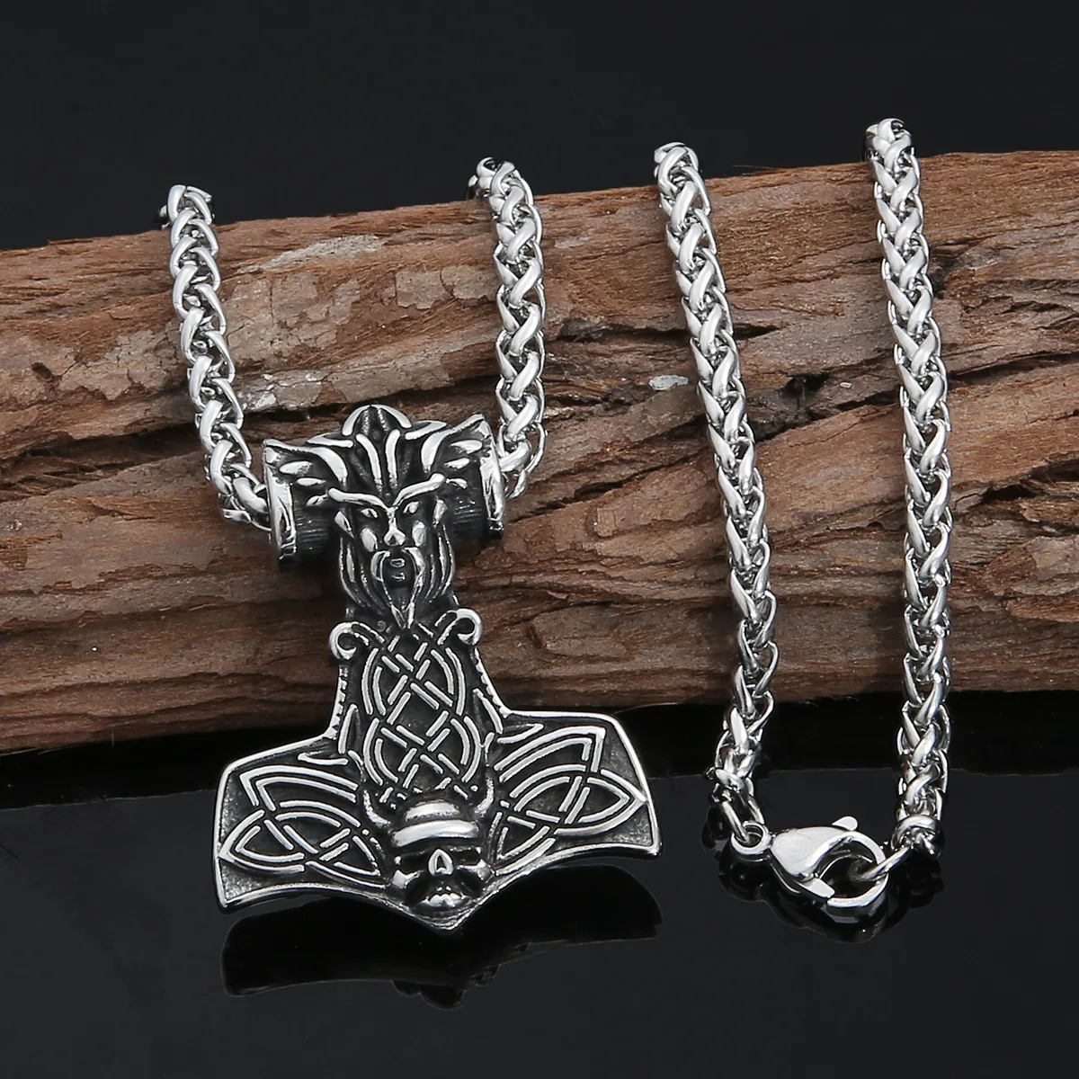 

Viking Thor's Hammer Pendant Necklace Stainless Steel Carved Skull Ghost Head Necklace Viking Accessories Not Allergic