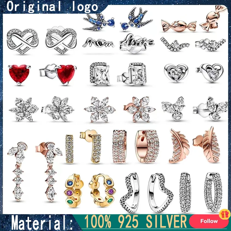 

New 925 Sterling Silver Women's Swallow Sparkling Snowflake Original Logo Heart shaped Eternal Earrings DIY Charm Jewelry