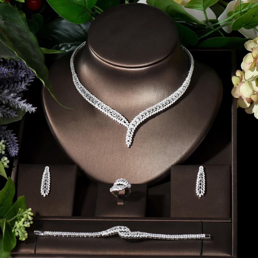 

Classic rectangular cubic zirconia wedding necklace and earring set Dubai Nigeria CZ Bridal Jewelry Set