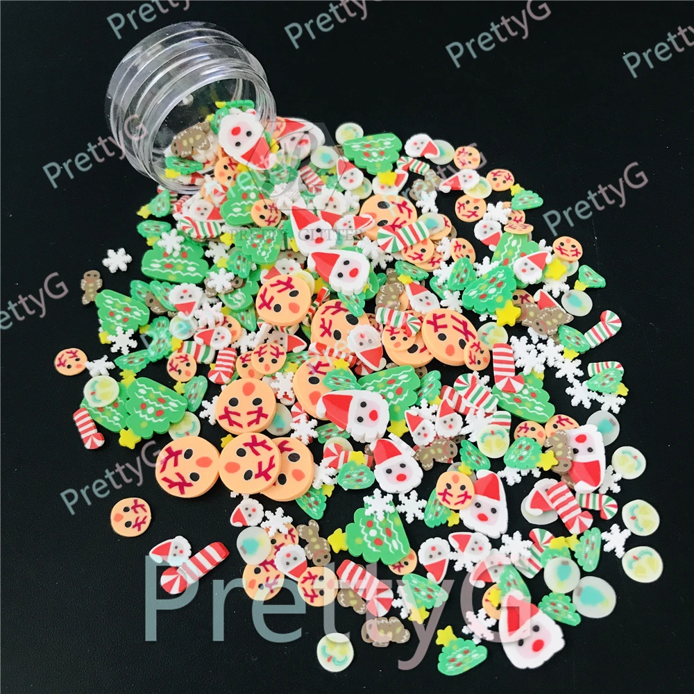 PrettyG 크리스마스 혼합 슬라이스 폴리머 소프트 클레이 눈송이 캔디 케인, 산타 클로스 크리스마스, 송진 네일 아트 DIY 장식, 1 박스 M