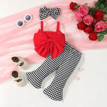 0-2 Year Old Baby Summer Girl Suspender Large Bow Daily Party Bell Bottoms Plaid Printed Headwear Baby Clothes 1