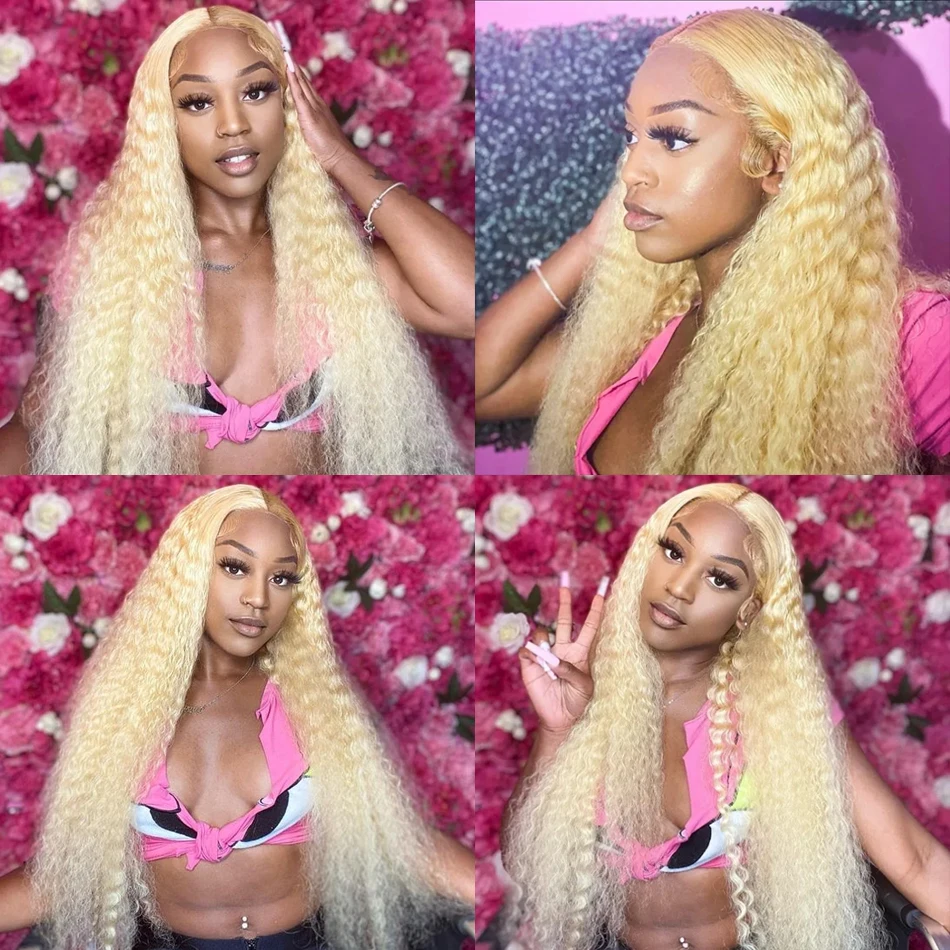Perruque Lace Wig Deep Wave Brésilienne Naturelle, Cheveux Crépus Bouclés, Couleur Blond 613, 13x6, 13x4