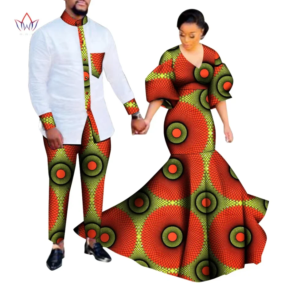 2 Piece Set  African Dashiki Print Couple Clothing for Lovers Men shirt Pants Set and Women Puff Sleeve Party Long Dress WYQ840