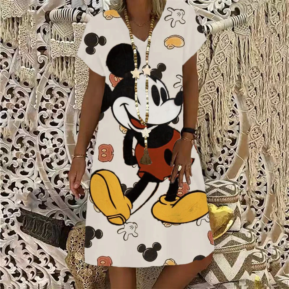 

New Ethnic Tribe Women's Wavy V-Neck Disney Minnie Mickey Mouse Printed A Line Skirt Summer Fashion Casual Short-Sleeved Dress